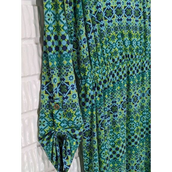 Ambernoon II size 1X Women's Green Printed Long-Sleeve Faux Wrap Midi Dress - Picture 2 of 6